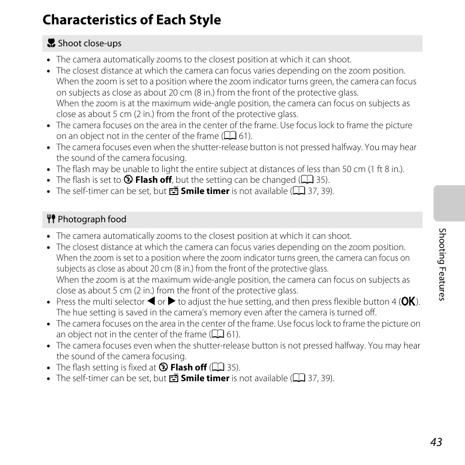 Characteristics of each style, A 43, A 43) | Nikon S31 User Manual | Page 69 / 208