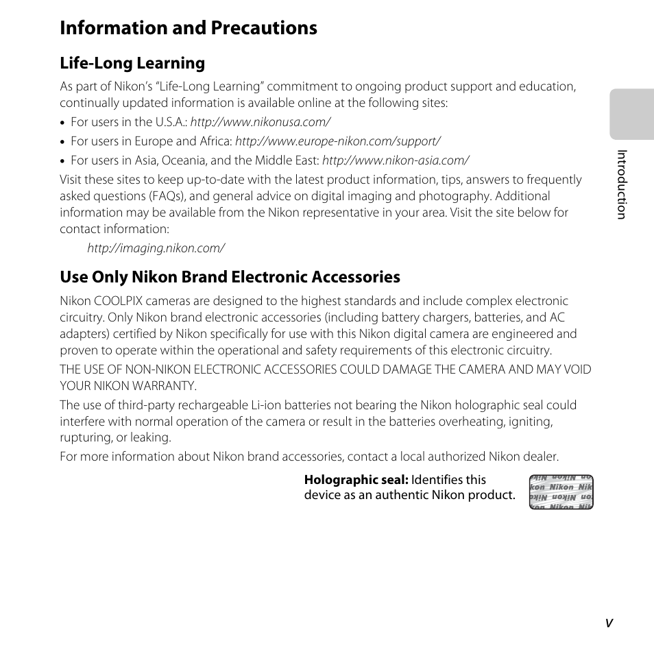 Information and precautions, Life-long learning, Use only nikon brand electronic accessories | Nikon S31 User Manual | Page 7 / 208