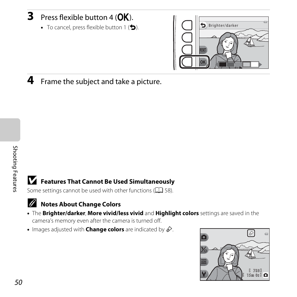 Press flexible button 4 (o), Frame the subject and take a picture | Nikon S31 User Manual | Page 76 / 208