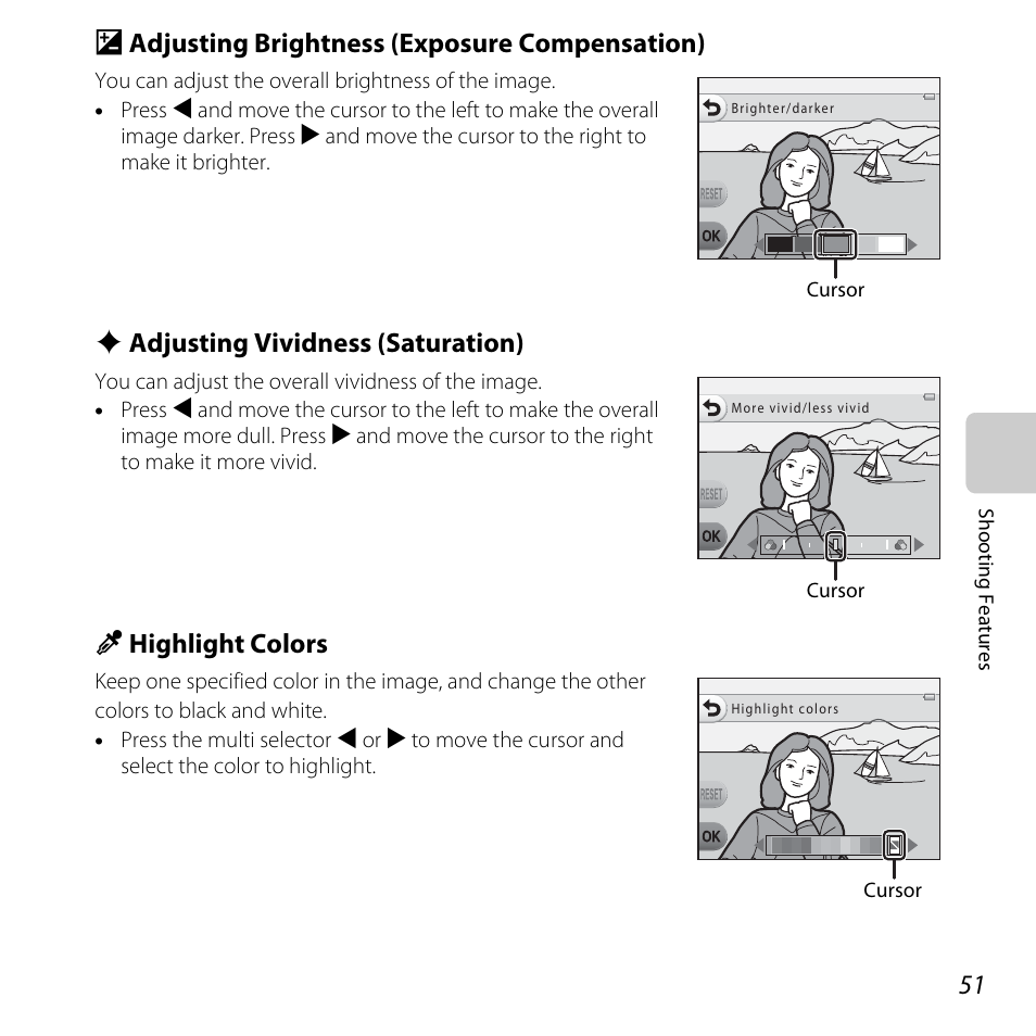 B adjusting brightness (exposure compensation), A 51), C adjusting vividness (saturation) | P highlight colors | Nikon S31 User Manual | Page 77 / 208