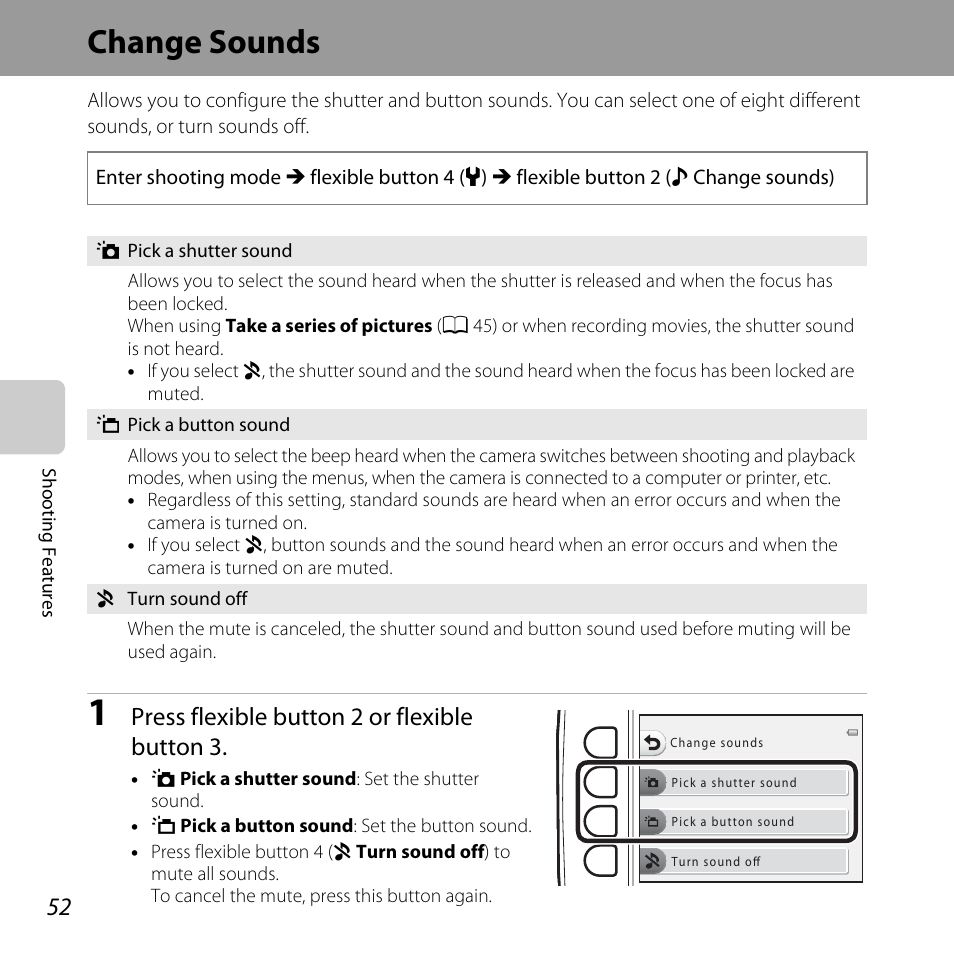 Change sounds, Press flexible button 2 or flexible button 3 | Nikon S31 User Manual | Page 78 / 208