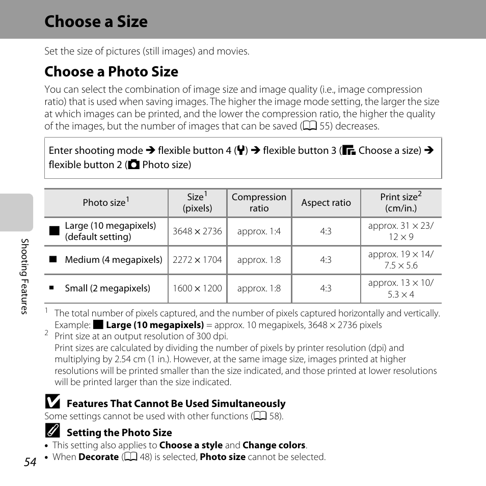 Choose a size, Choose a photo size, A 54) | Nikon S31 User Manual | Page 80 / 208