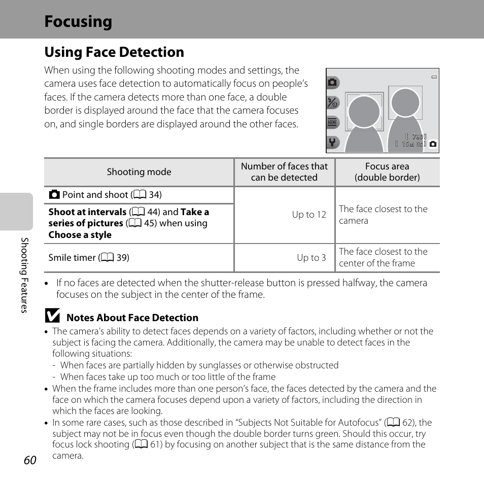 Focusing, Using face detection, A 60) | Notes about face detection, Ce (a 60) | Nikon S31 User Manual | Page 86 / 208