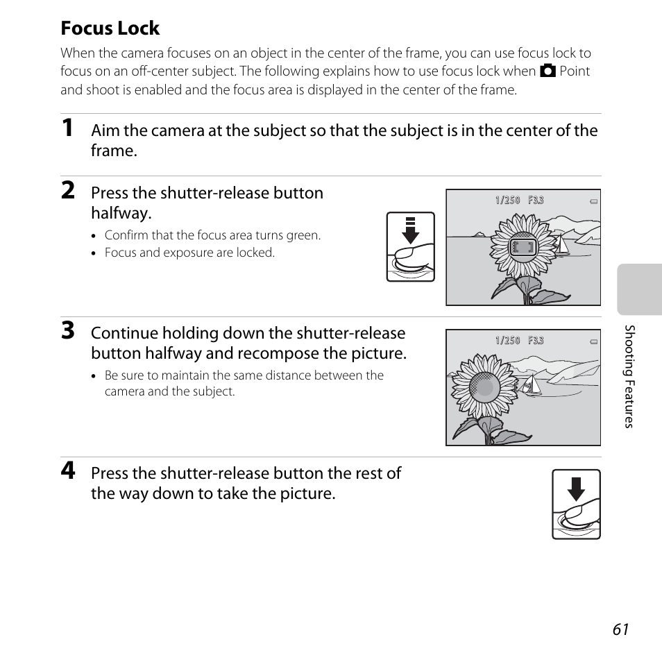 Focus lock, A 61, A 61) | A 61) b | Nikon S31 User Manual | Page 87 / 208