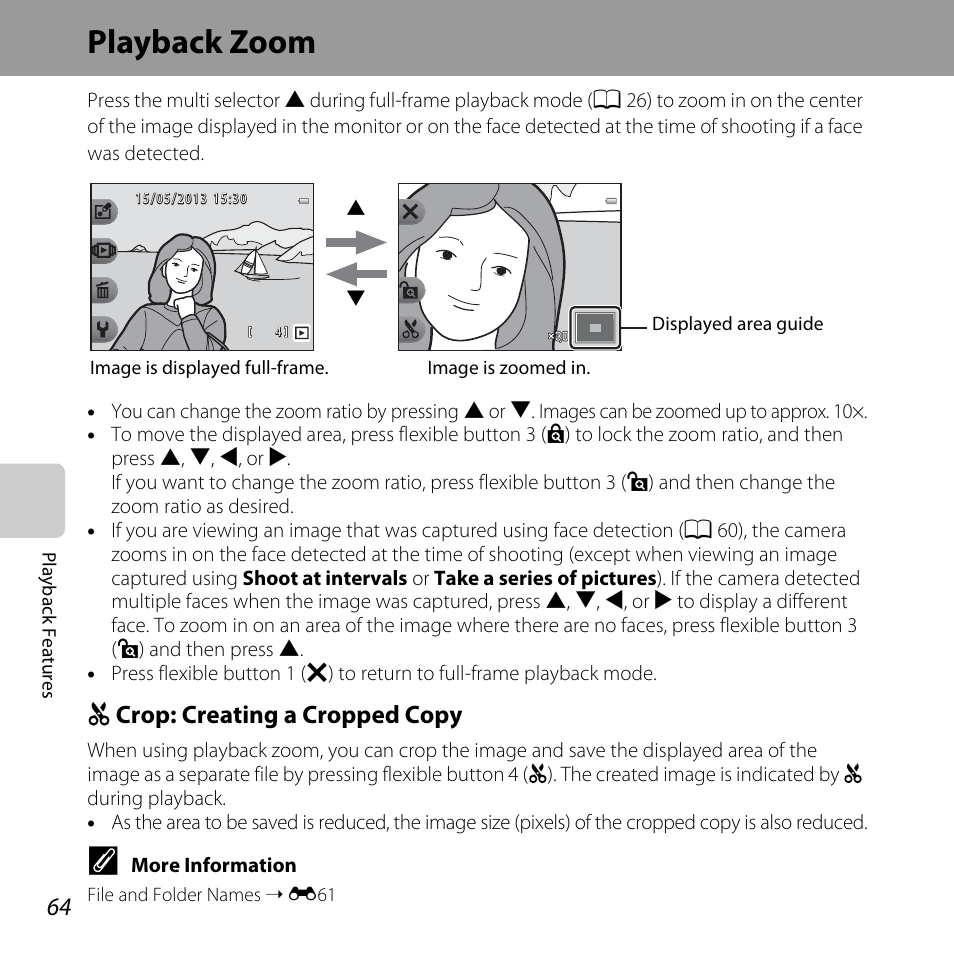 Playback zoom, A 64, A 64) | H crop: creating a cropped copy | Nikon S31 User Manual | Page 90 / 208