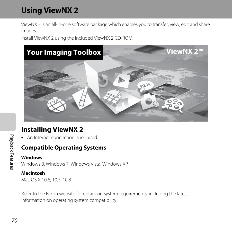 Using viewnx 2, Installing viewnx 2, A 70) | A 70, Your imaging toolbox viewnx 2 | Nikon S31 User Manual | Page 96 / 208