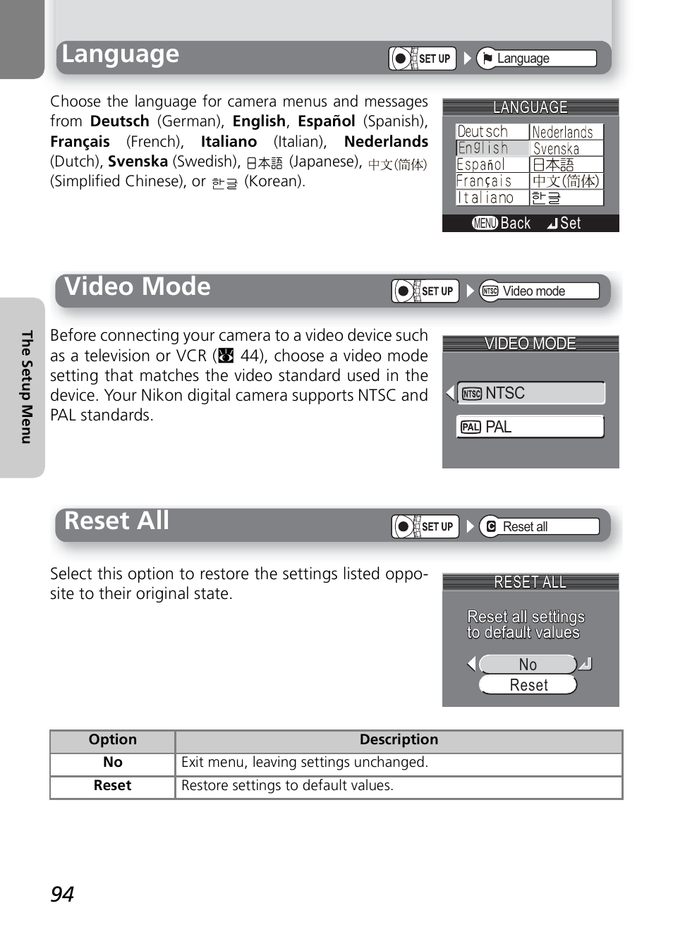 Language, Video mode, Reset all | Nikon 2200 - 3200 User Manual | Page 104 / 120