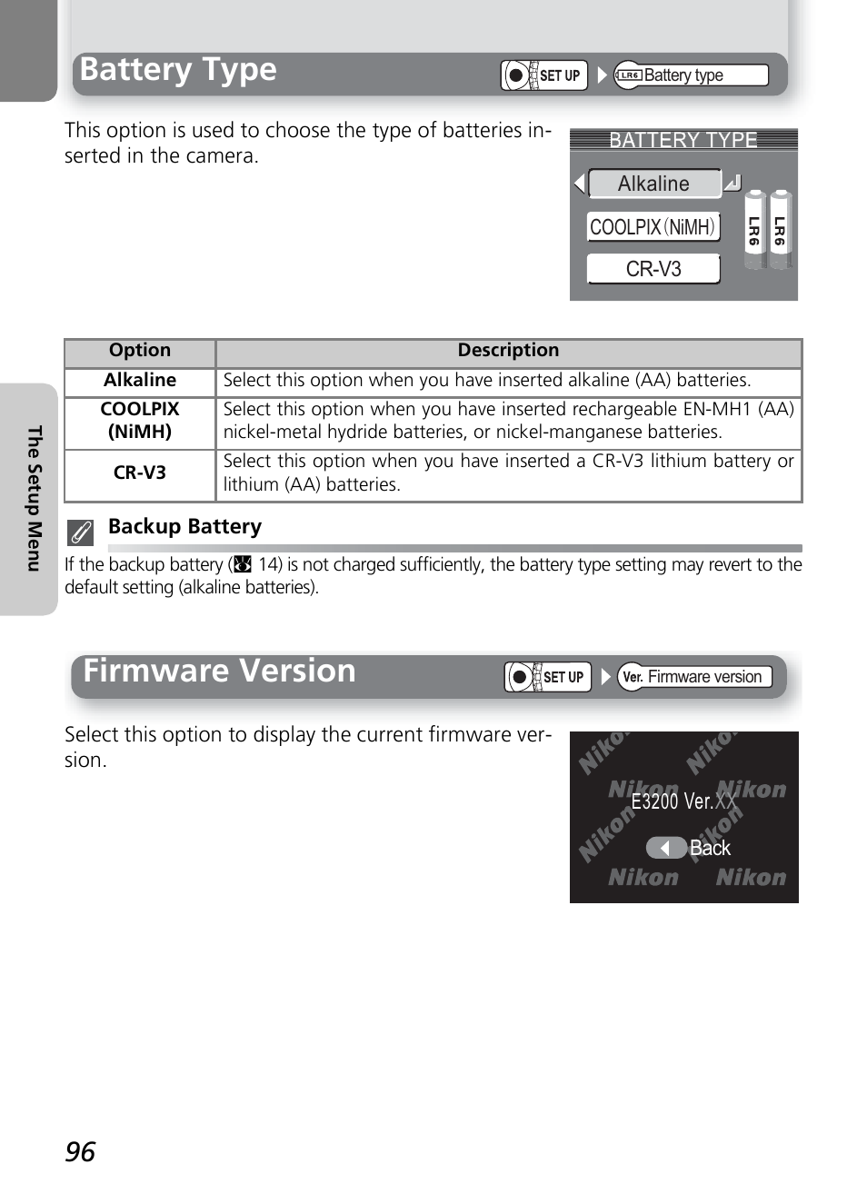 Battery type, Firmware version | Nikon 2200 - 3200 User Manual | Page 106 / 120