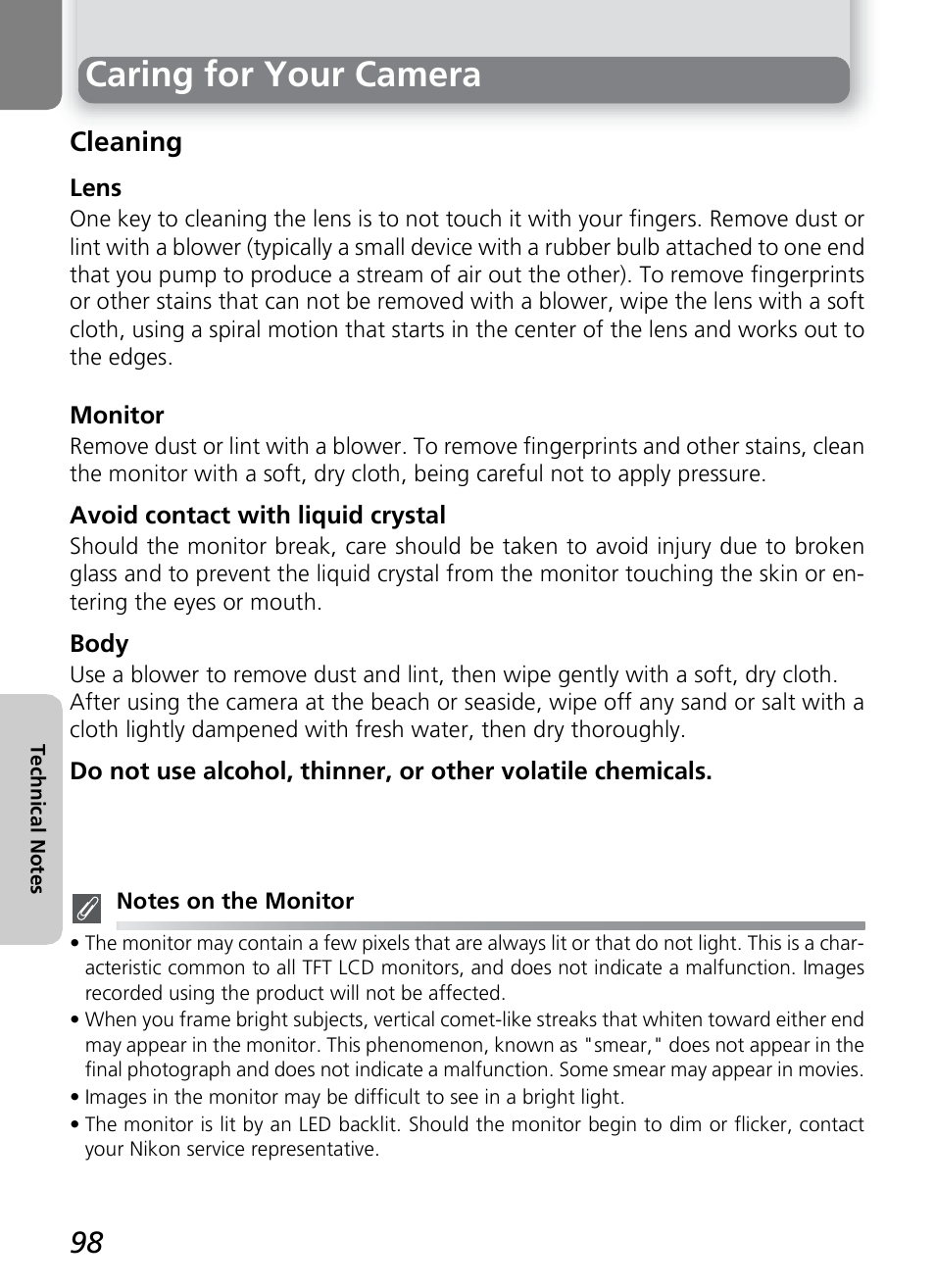 Caring for your camera, Cleaning | Nikon 2200 - 3200 User Manual | Page 108 / 120