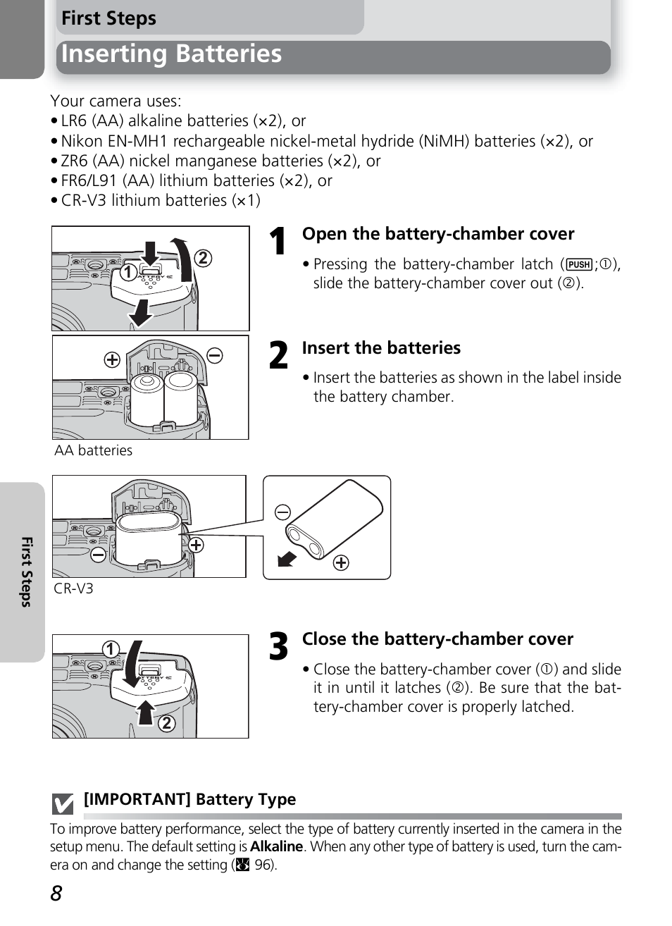 Inserting batteries | Nikon 2200 - 3200 User Manual | Page 18 / 120