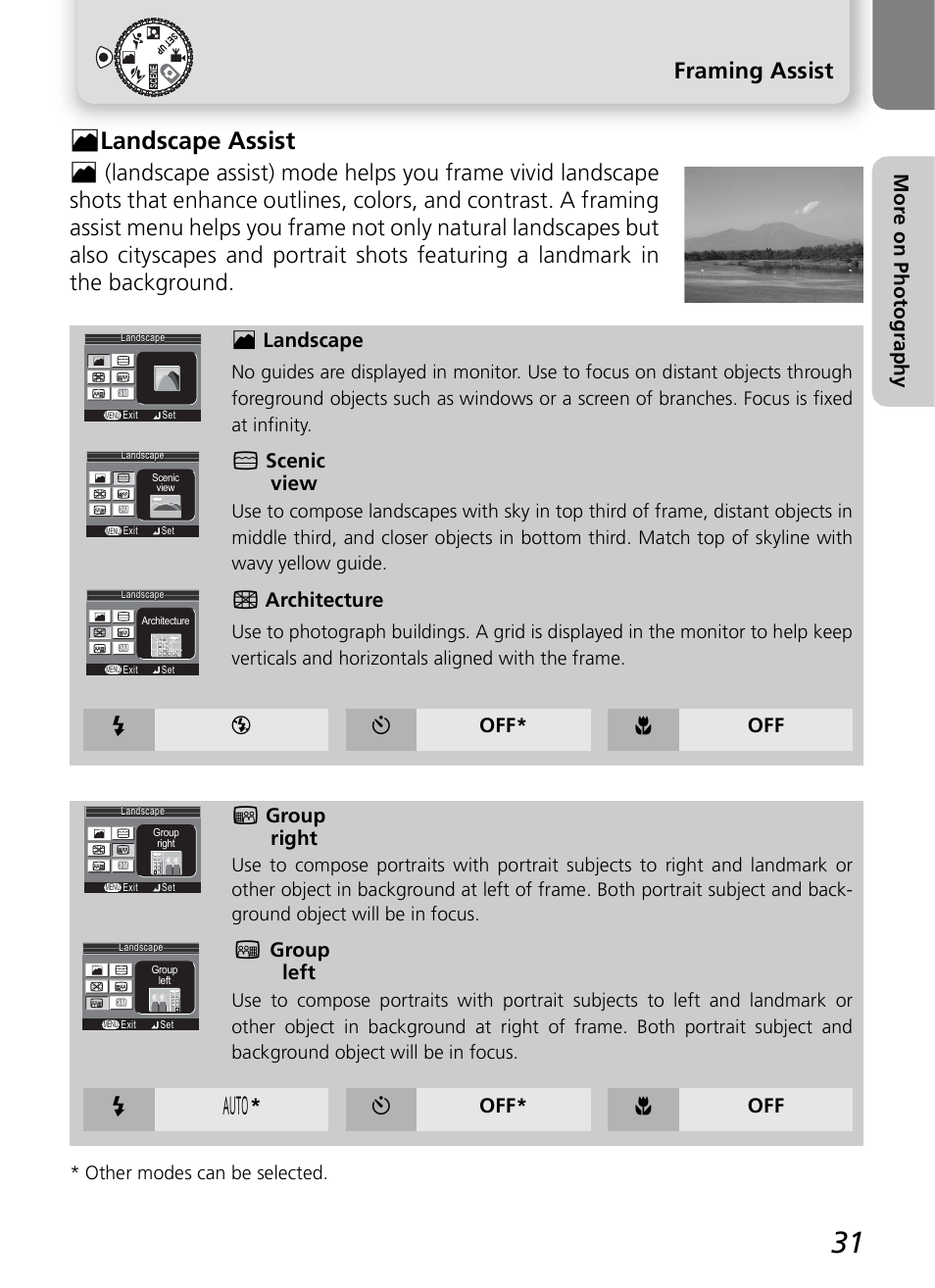 N landscape assist, Framing assist, Mo re on p hot ogra phy | N landscape, 6 scenic view, 7 architecture, Y off* & off 5 group right, 8 group left, Y off* & off, Other modes can be selected | Nikon 2200 - 3200 User Manual | Page 41 / 120