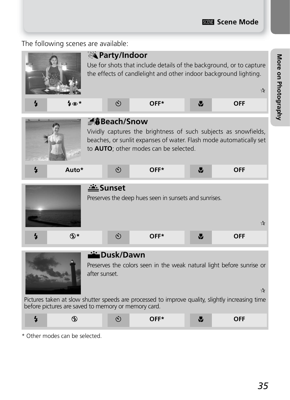 B party/indoor, C beach/snow, D sunset | E dusk/dawn | Nikon 2200 - 3200 User Manual | Page 45 / 120