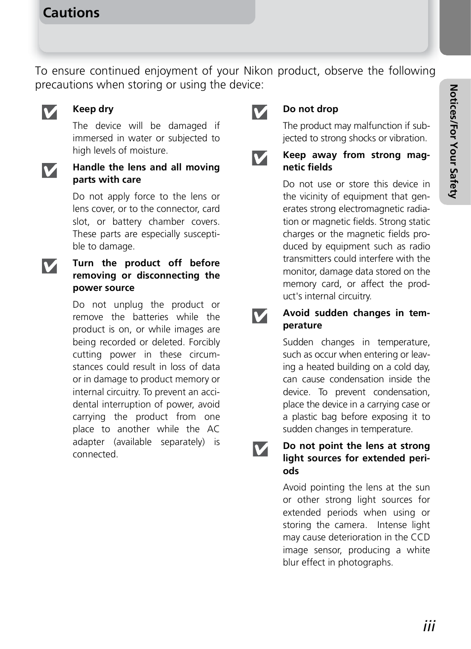 Cautions | Nikon 2200 - 3200 User Manual | Page 5 / 120