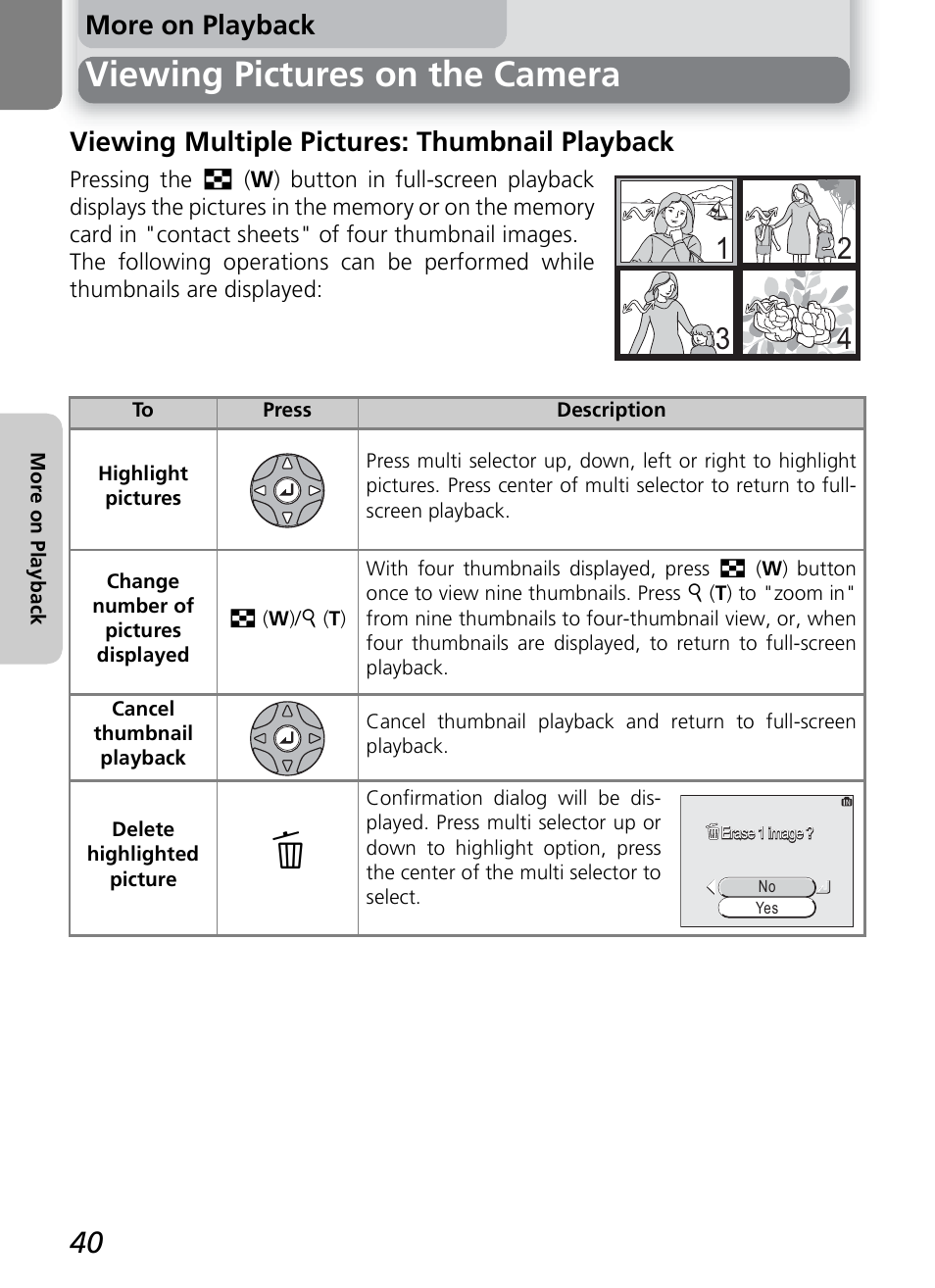 Viewing pictures on the camera, More on playback, Viewing multiple pictures: thumbnail playback | Nikon 2200 - 3200 User Manual | Page 50 / 120