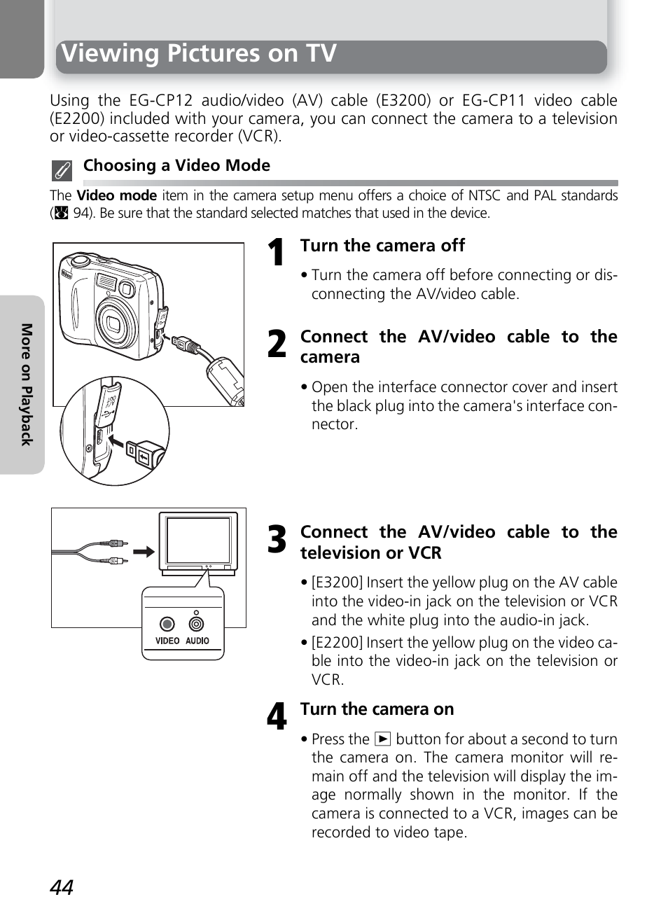 Viewing pictures on tv | Nikon 2200 - 3200 User Manual | Page 54 / 120