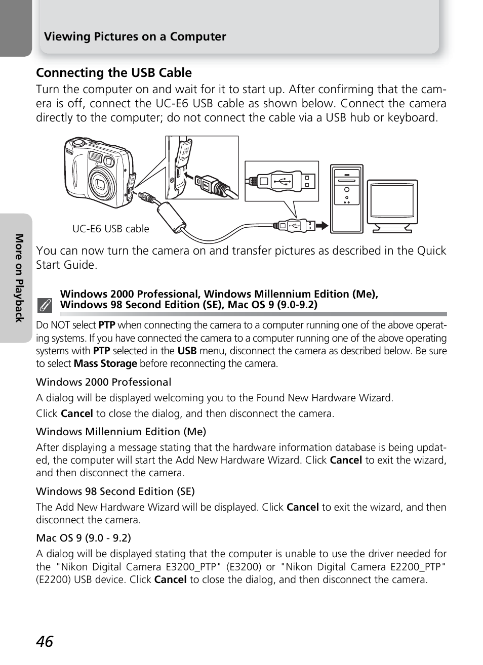 Connecting the usb cable | Nikon 2200 - 3200 User Manual | Page 56 / 120