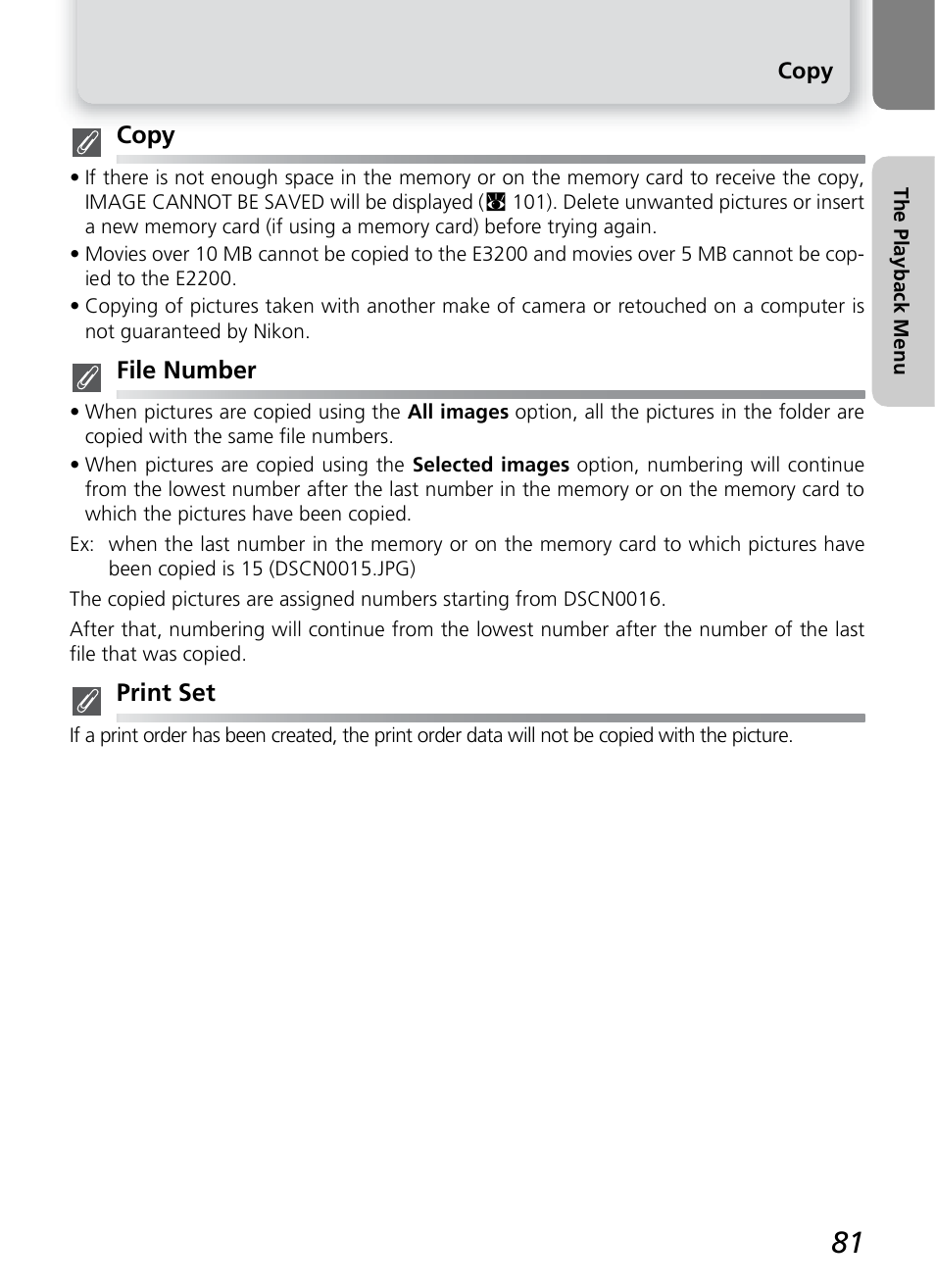 Copy, File number, Print set | Nikon 2200 - 3200 User Manual | Page 91 / 120