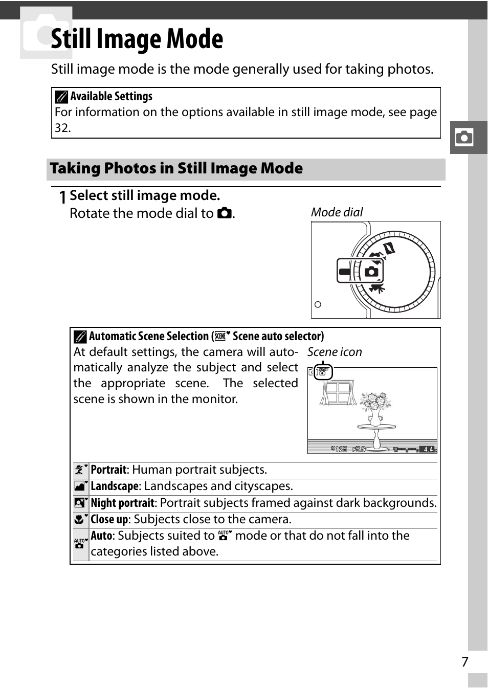 Still image mode, Taking photos in still image mode | Nikon J1 User Manual | Page 19 / 88