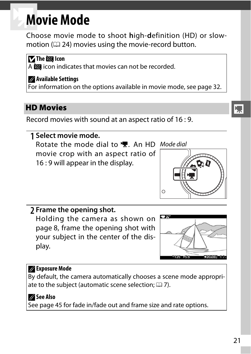 Movie mode, Hd movies, Vie mode (0 21) | Nikon J1 User Manual | Page 33 / 88