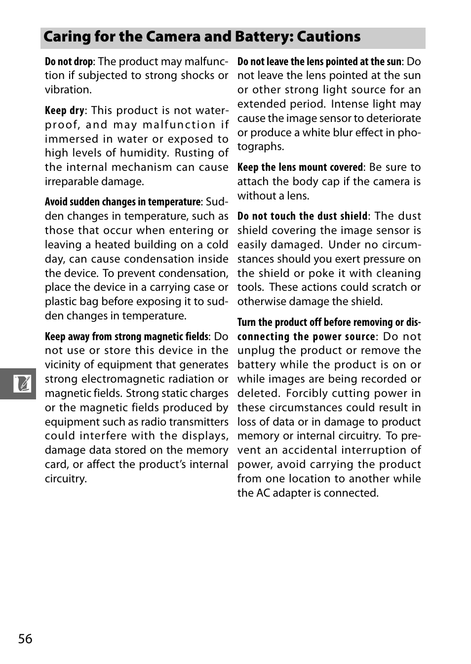 Caring for the camera and battery: cautions | Nikon J1 User Manual | Page 68 / 88