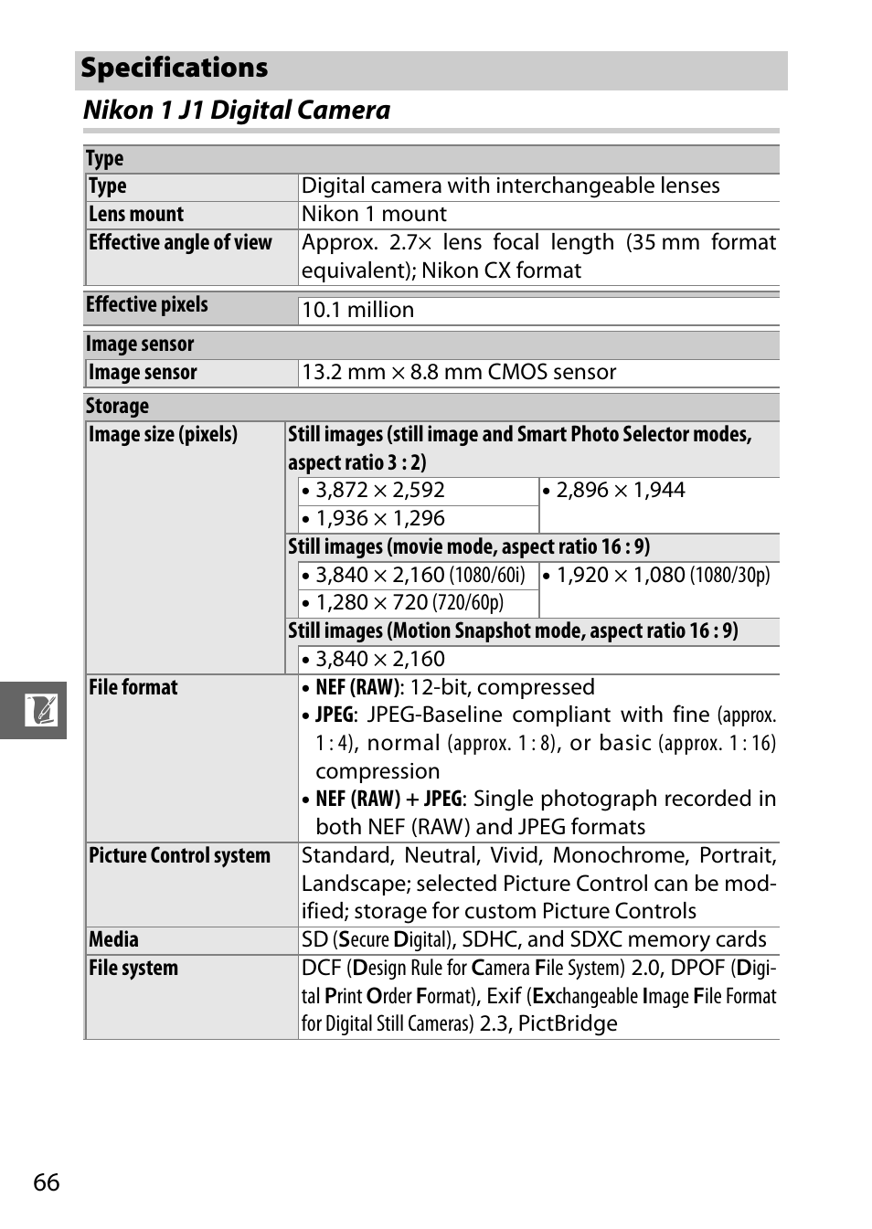 Specifications, Nikon 1 j1 digital camera | Nikon J1 User Manual | Page 78 / 88