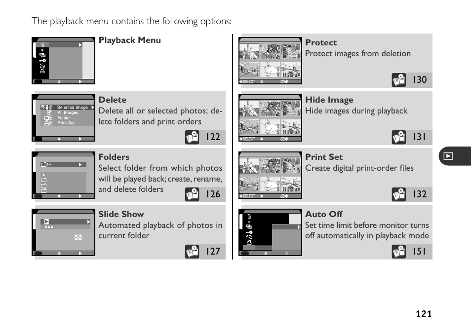 The playback menu contains the following options, Hide image hide images during playback, Print set create digital print-order files | Playback menu | Nikon 880 User Manual | Page 126 / 193