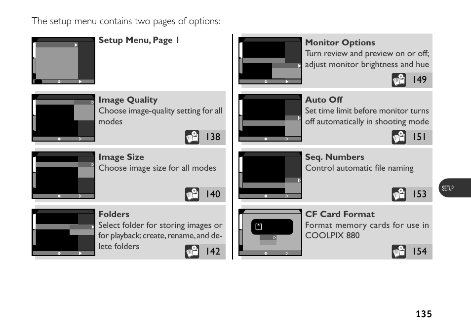 The setup menu contains two pages of options, Image size choose image size for all modes, Seq. numbers control automatic file naming | Setup menu, page 1 | Nikon 880 User Manual | Page 140 / 193