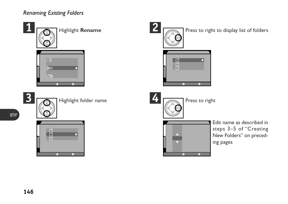 146 renaming existing folders, Press to right to display list of folders, Highlight folder name | Highlight rename | Nikon 880 User Manual | Page 151 / 193