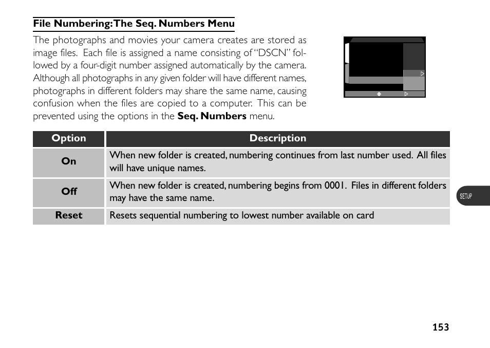 File numbering: the seq. numbers menu | Nikon 880 User Manual | Page 158 / 193