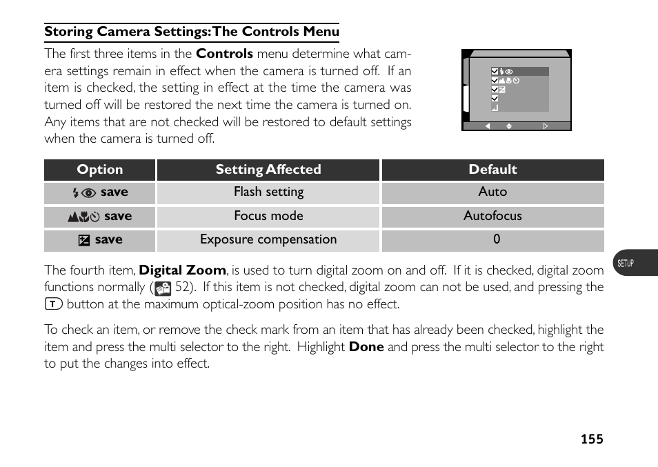 Storing camera settings: the controls menu | Nikon 880 User Manual | Page 160 / 193