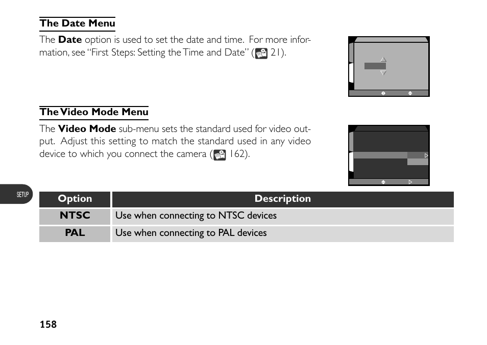 The date menu, Thevideo mode menu | Nikon 880 User Manual | Page 163 / 193