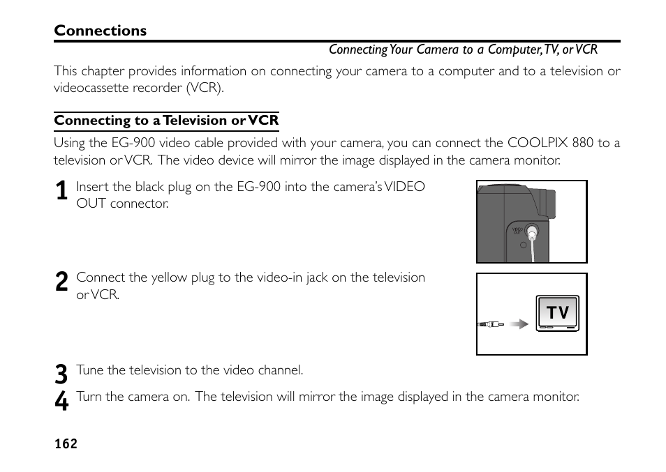 Connections, Connecting to a television or vcr | Nikon 880 User Manual | Page 167 / 193