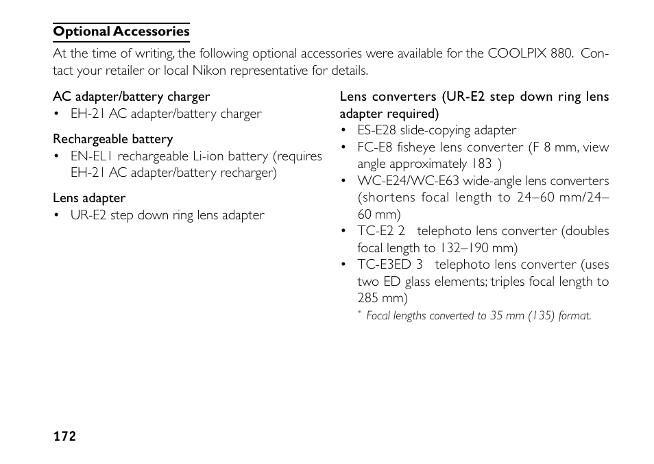 Optional accessories | Nikon 880 User Manual | Page 177 / 193