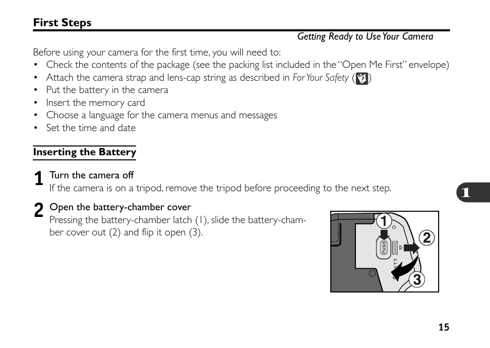 First steps, Inserting the battery | Nikon 880 User Manual | Page 20 / 193