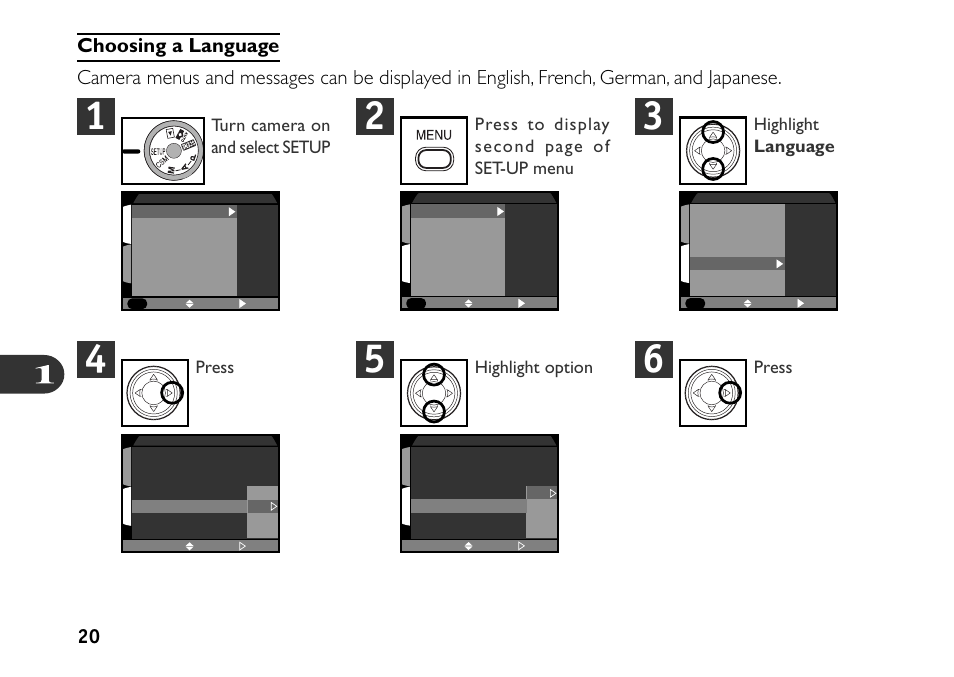 Choosing a language, Press to display second page of set-up menu, Turn camera on and select setup | Highlight language press, Highlight option press | Nikon 880 User Manual | Page 25 / 193