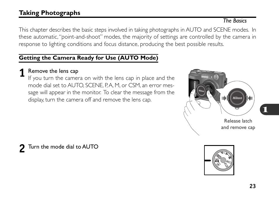 Taking photographs, Getting the camera ready for use (auto mode) | Nikon 880 User Manual | Page 28 / 193