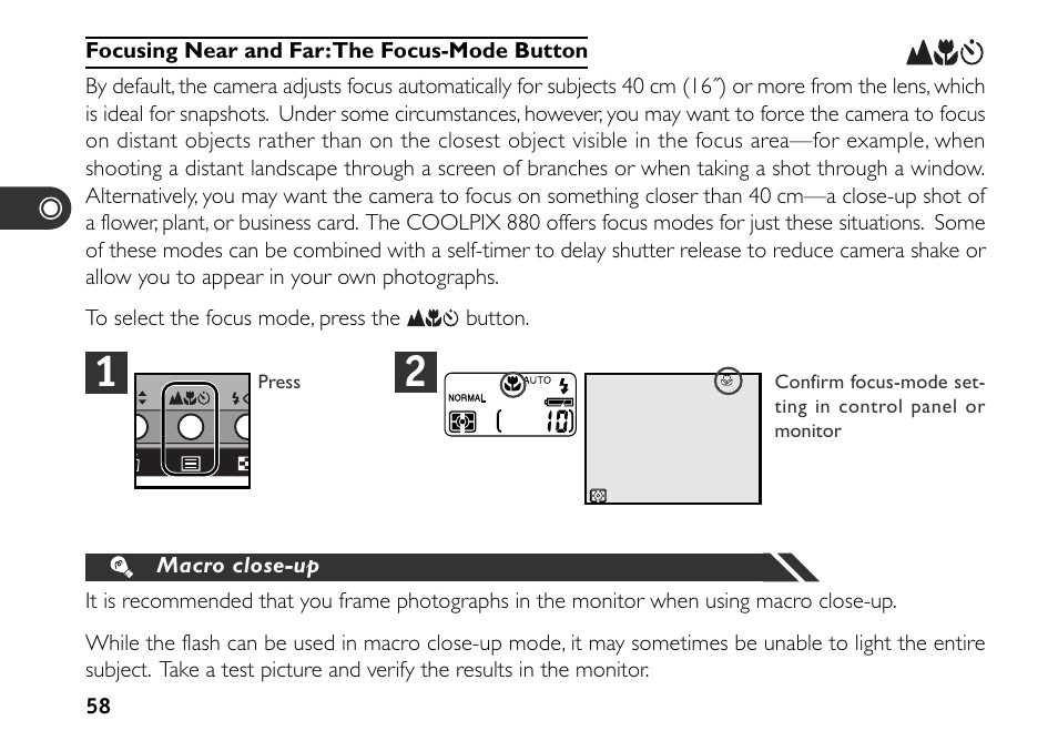 Focusing near and far: the focus-mode button | Nikon 880 User Manual | Page 63 / 193