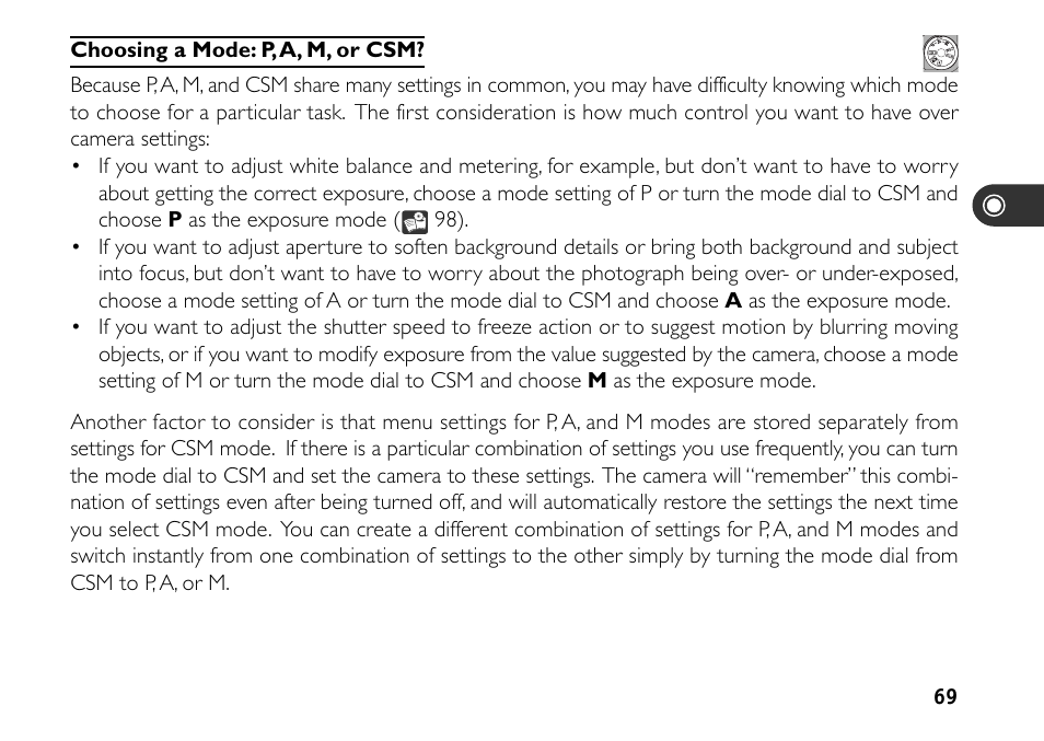 Choosing a mode: p, a, m, or csm | Nikon 880 User Manual | Page 74 / 193