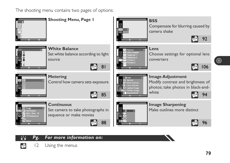 Lens choose settings for optional lens converters, Metering control how camera sets exposure, Shooting menu, page 1 | Nikon 880 User Manual | Page 84 / 193