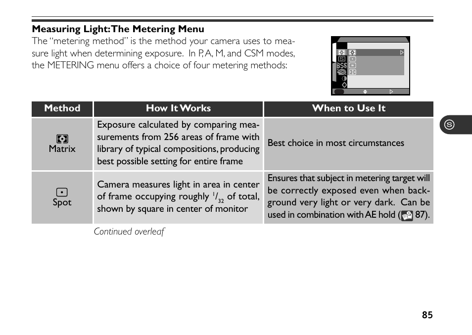 85 measuring light: the metering menu | Nikon 880 User Manual | Page 90 / 193