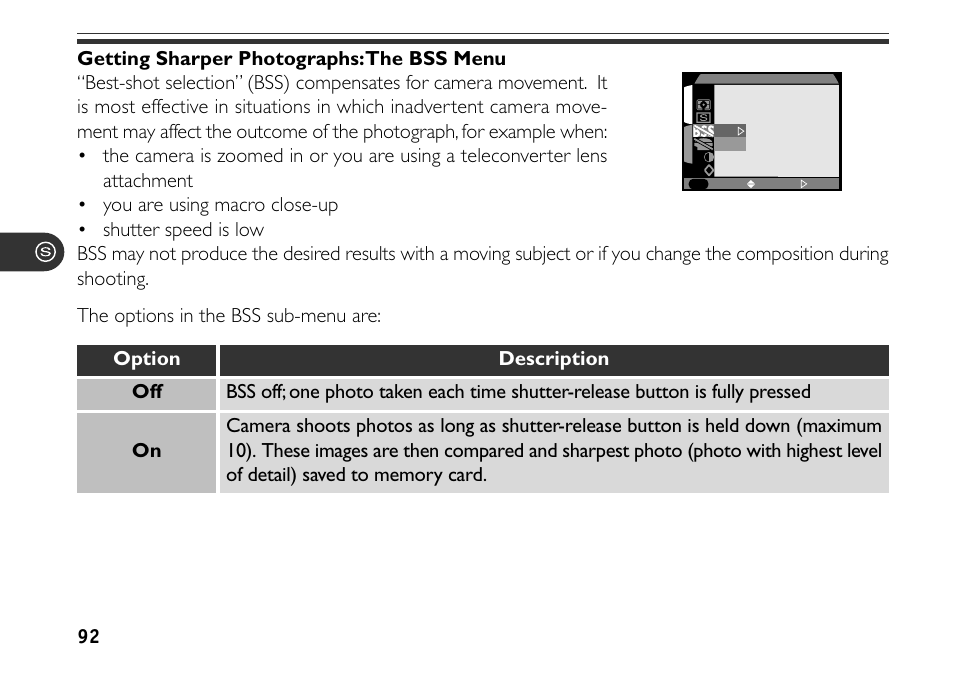 92 getting sharper photographs: the bss menu | Nikon 880 User Manual | Page 97 / 193