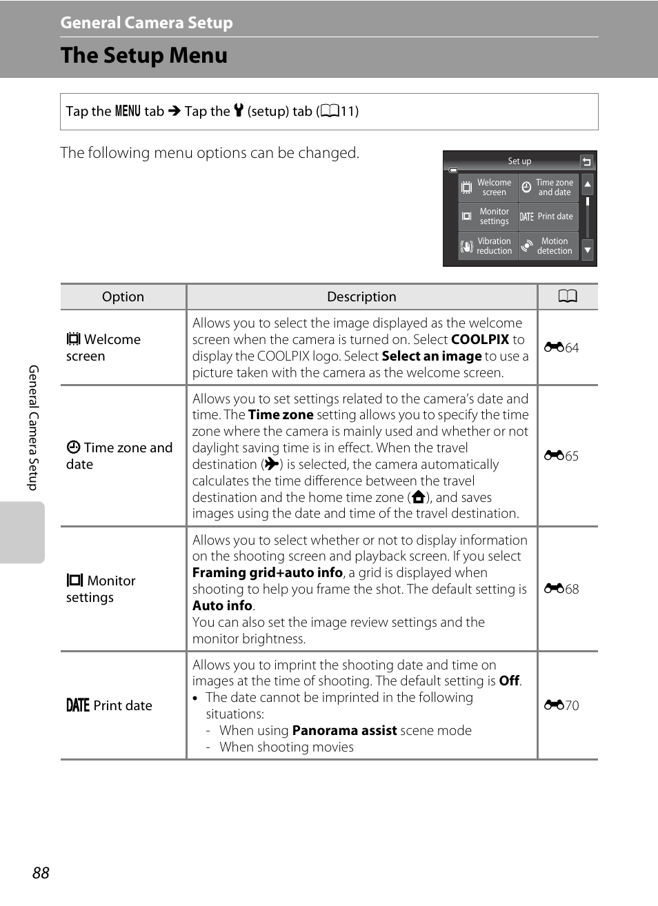 The setup menu, A88) when, General camera setup | The following menu options can be changed | Nikon S4300 User Manual | Page 106 / 224
