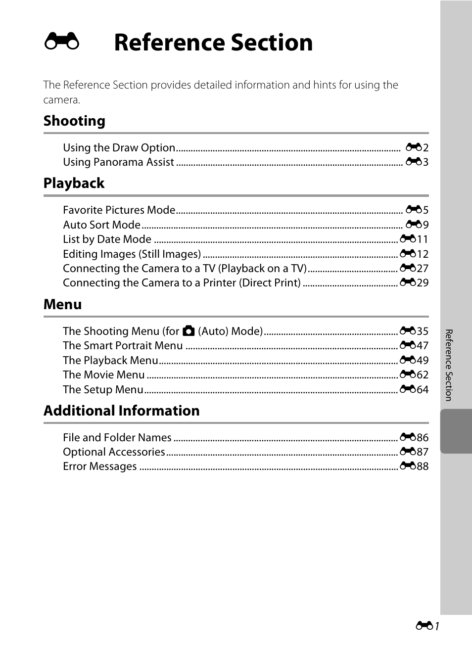Reference section, Shooting, Playback | Menu, Additional information | Nikon S4300 User Manual | Page 109 / 224