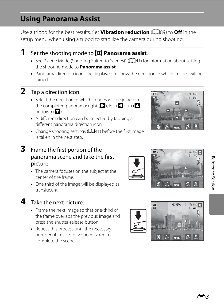 Using panorama assist, Set the shooting mode to u panorama assist, Tap a direction icon | Take the next picture | Nikon S4300 User Manual | Page 111 / 224