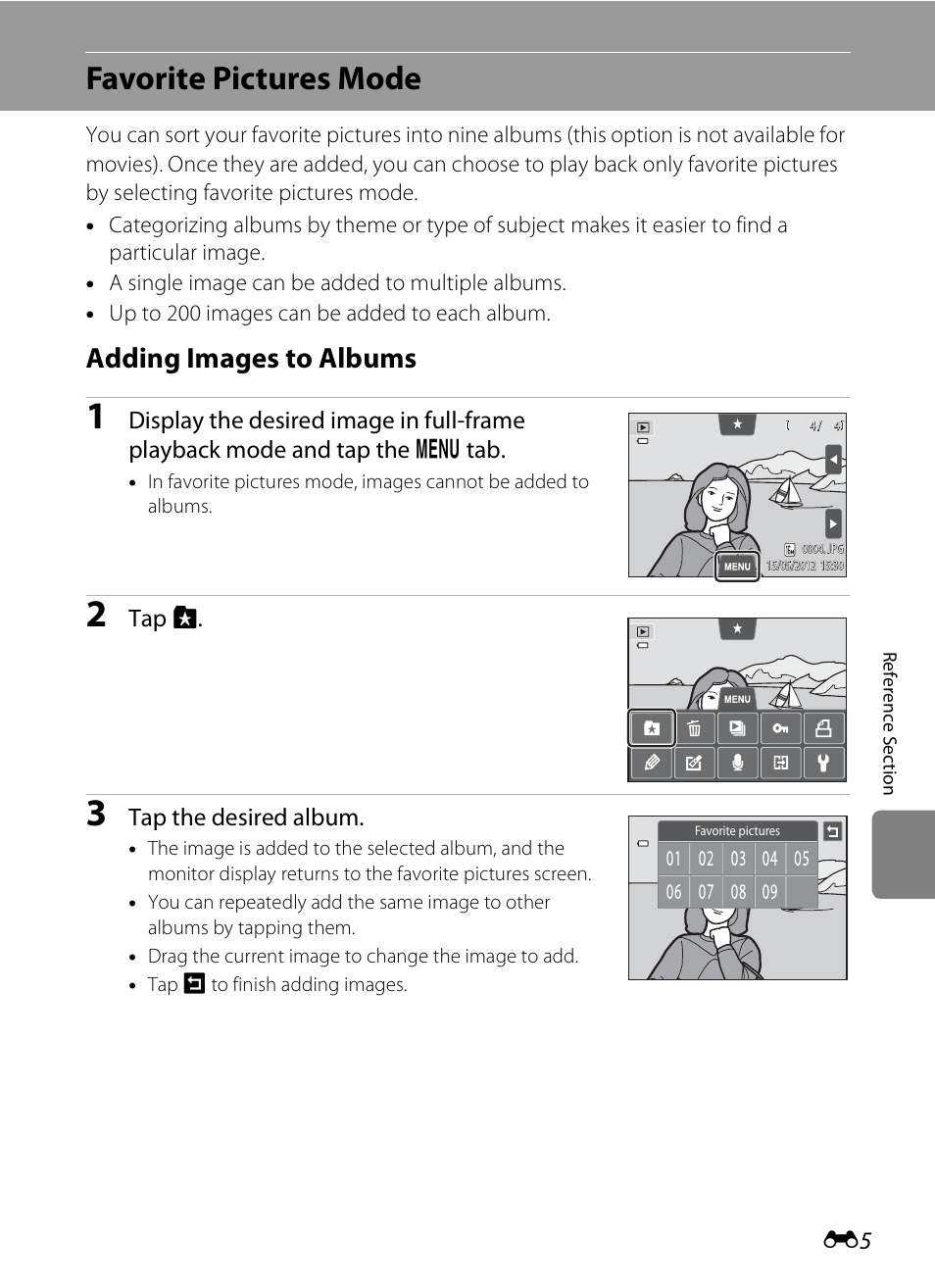 Favorite pictures mode, Adding images to albums, Tap h | Tap the desired album | Nikon S4300 User Manual | Page 113 / 224