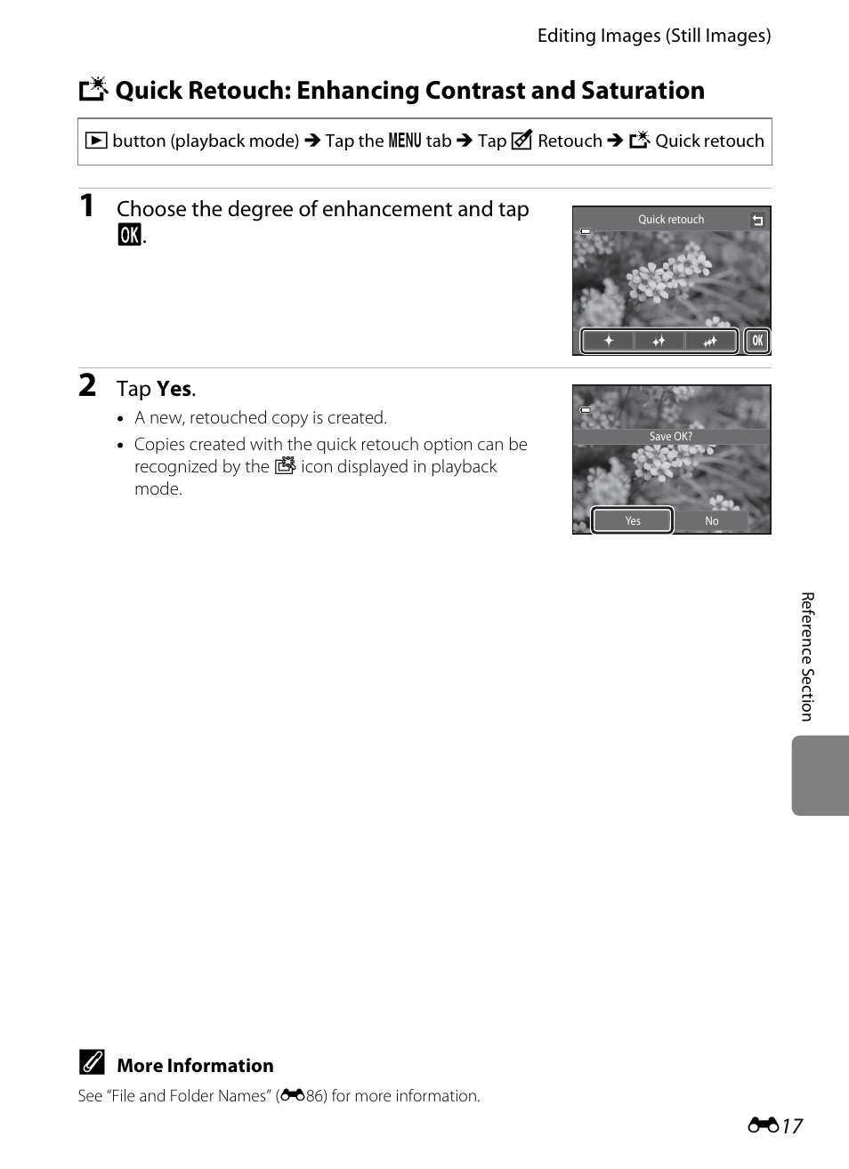 Quick retouch: enhancing contrast and saturation, K quick retouch: enhancing contrast and saturation, E17) | Nikon S4300 User Manual | Page 125 / 224