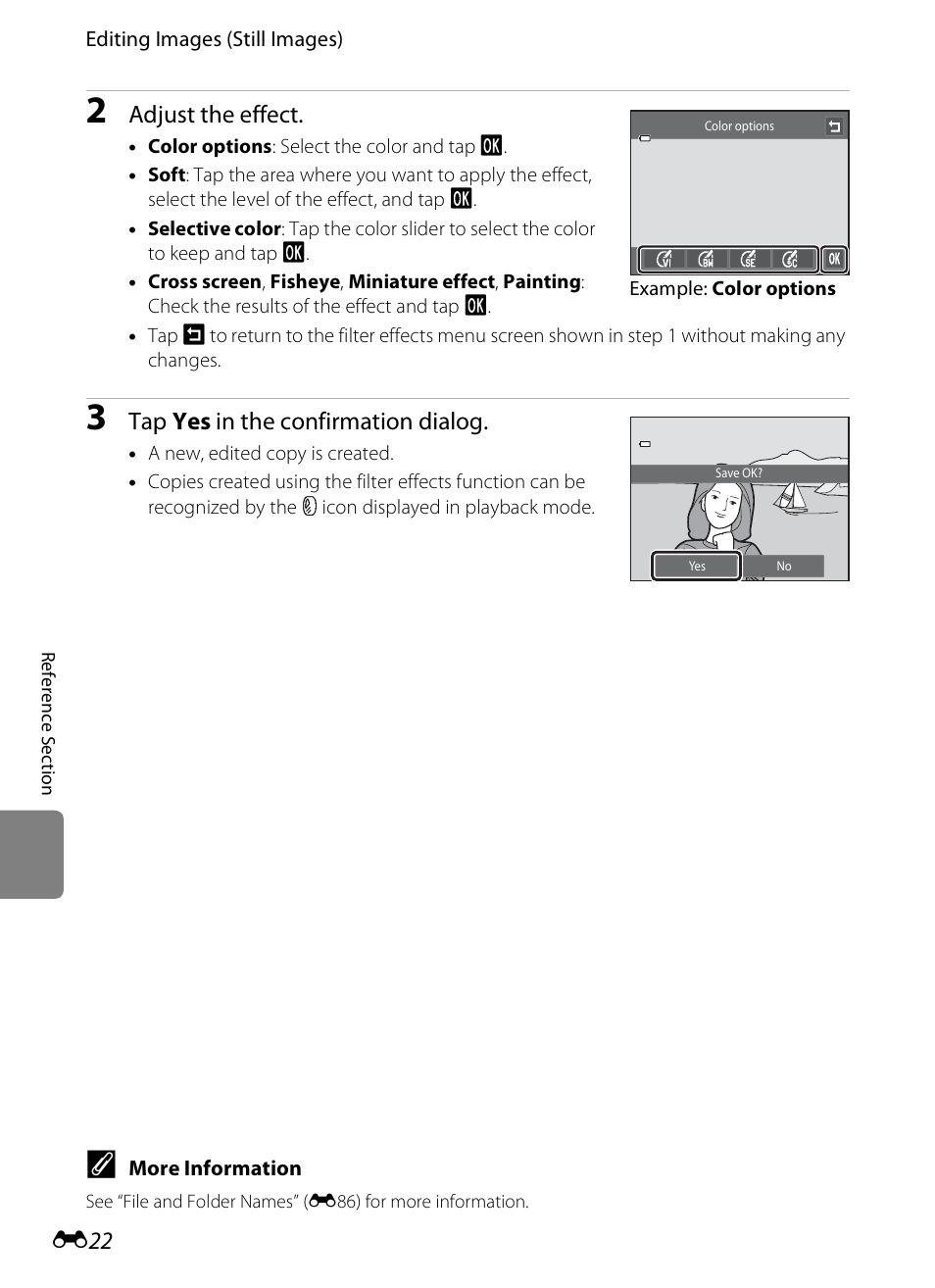 Adjust the effect, Tap yes in the confirmation dialog | Nikon S4300 User Manual | Page 130 / 224