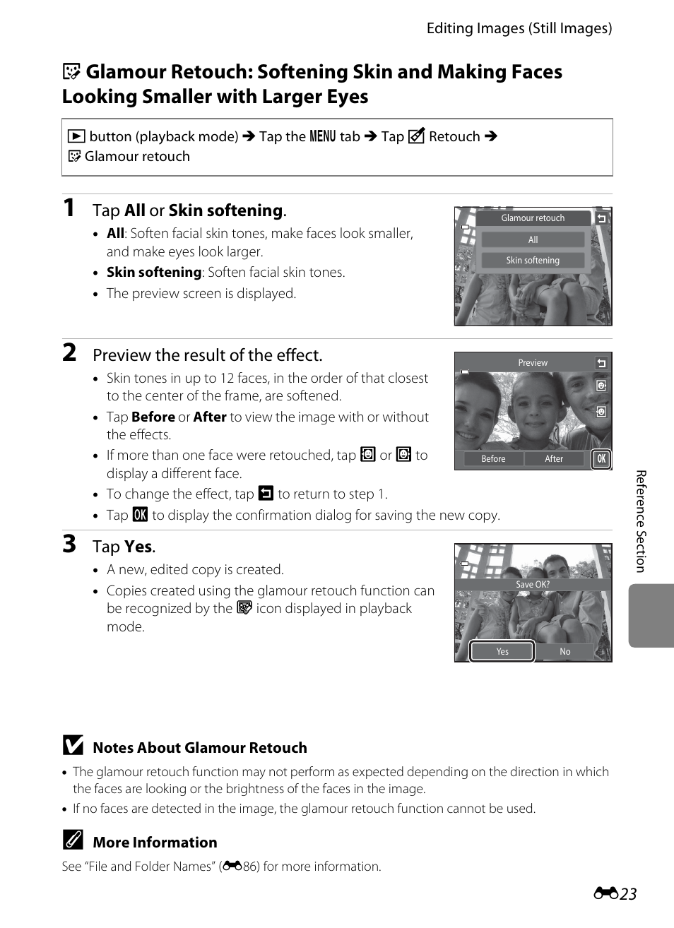 E23), Tap all or skin softening, Preview the result of the effect | Tap yes | Nikon S4300 User Manual | Page 131 / 224