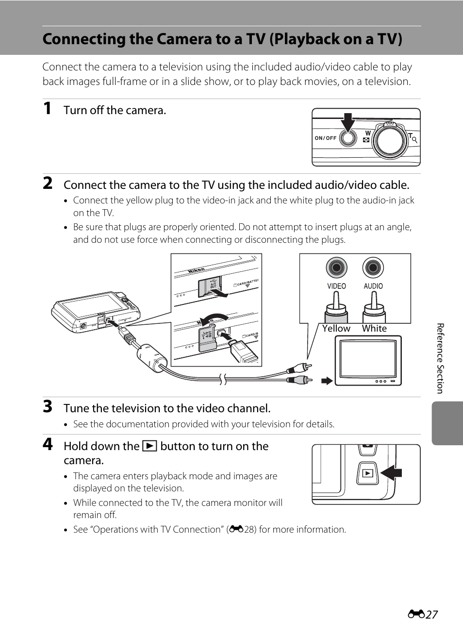 Connecting the camera to a tv (playback on a tv) | Nikon S4300 User Manual | Page 135 / 224