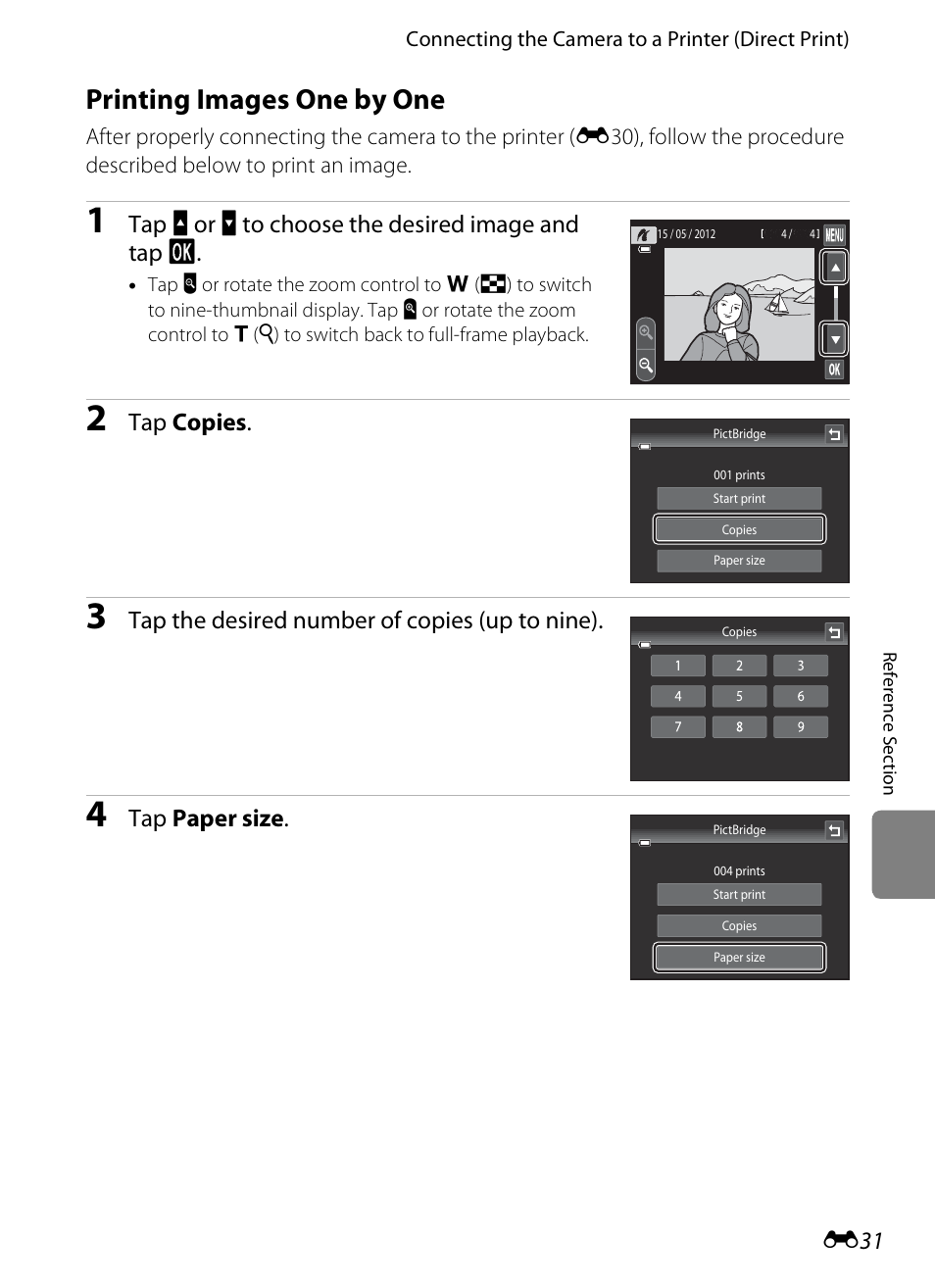 Printing images one by one, E31), Tap b or c to choose the desired image and tap i | Tap copies, Tap the desired number of copies (up to nine), Tap paper size | Nikon S4300 User Manual | Page 139 / 224